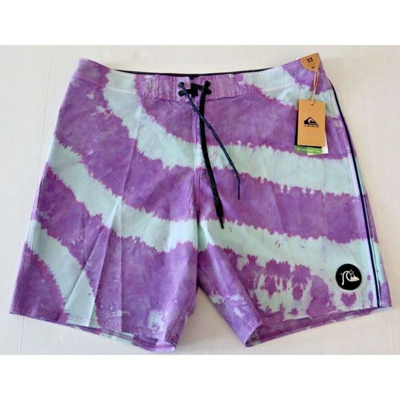 Quiksilver Mens Sz 33 Purple Tie Dye Standard Surfsilk Piped 18" Boardshorts $65 - Picture 1 of 10